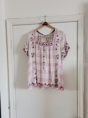 Knox Rose Pink Plaid Embroidered Short Sleeve Tunic